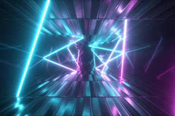 3d illustration, abstract metallic texture virtual reality tunnel. Futuristic motion graphic. Ultra violet neon light glow, fluorescent light. Flying forward corridor.