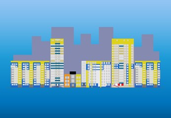 Vector illustration street of town on blue backgtround. Different high-rise building or houses in city.