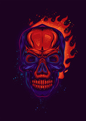 Original vector poster in vintage style. Stylized neon skull on the background of bright fire