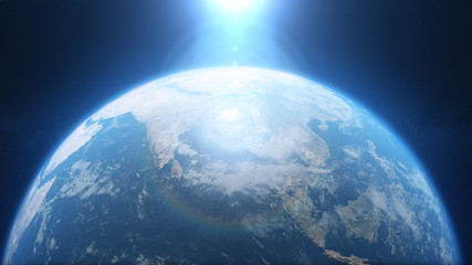 Planet earth from space. Beautiful sunrise world skyline. Illustration contains space, planet, galaxy, stars, cosmos, sea, earth, sunset, globe. 3d illustration. Images from NASA