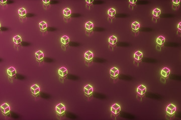 Abstract neon 3d illustration of geometric shapes. Computer generated. Modern colorful laser lighting background, motion design