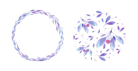 Watercolor wreath of beautiful delicate lilac flowers.