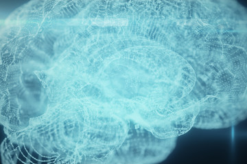 Rotating hologram of human brain, human brain formed from luminous glowing light particles spinning 3d illustration