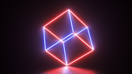 Abstract glowing neon lines creating a cube, blue red spectrum, fluorescent ultraviolet light, modern colorful lighting, 3d illustration