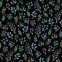 Watercolor painting of leaf and flowers, seamless pattern on dark background