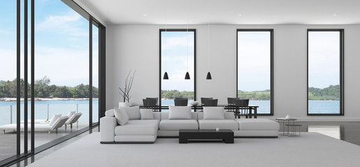 Plakat View of white living room in minimal style with black and white furniture on dark laminate floor.Interior design with TV and sofa set on sea background. 3d rendering. 