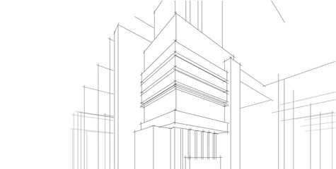 3D illustration architecture building perspective lines.