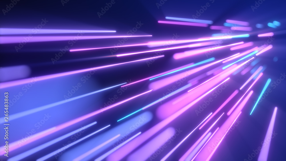 Wall mural neon pink blue light streaks. 3d illustration abstract motion background. fluorescent ultraviolet li