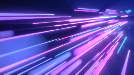 Neon pink blue light streaks. 3d illustration abstract motion background. Fluorescent ultraviolet light, laser neon lines.