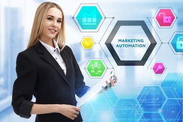 The concept of business, technology, the Internet and the network. A young entrepreneur working on a virtual screen of the future and sees the inscription: Marketing automation