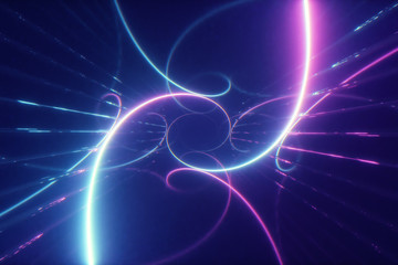 Obraz premium Abstract colorful flight in a futuristic corridor with a glowing laser spiral, 3d illustration, fluorescent ultraviolet light, geometric infinite tunnel, blue pink spectrum,