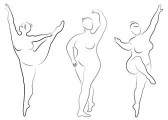 Vector illustration of overweight woman silhouettes. Black and white, differrent poses