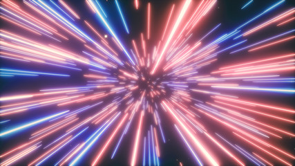 3d illustration of abstract creative cosmic background. Hyper jump into another galaxy. Speed of light, neon glowing rays in motion. Beautiful fireworks, colorful explosion, big bang.