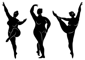 Vector illustration of overweight woman silhouettes. Black and white, differrent poses