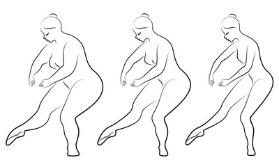 Collection. Silhouette of a cute lady, she is dancing ballet. A woman is overweight. The girl is plump, then slim, then thin. Woman is ballerina, gymnast. Vector illustration set