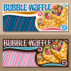 Vector banners for Bubble Waffle with blue and pink copy space, layouts with 3 variety hong kong desserts with different berry ingredients, sign board with original lettering for words bubble waffle.