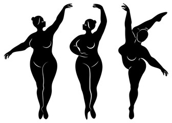 Collection. Silhouette of a cute lady, she is dancing ballet. Woman is overweight. The girl is plump and slim. Woman ballerina, gymnast. Vector illustration set