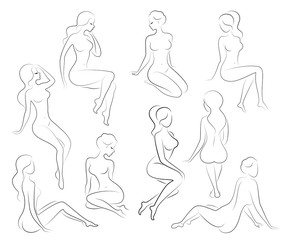 Collection. Silhouettes of lovely ladies. Beautiful girls are sitting in different poses. The figures of women are naked, feminine and slender. Set of vector illustrations
