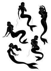 Collection. Silhouette of a mermaid. Girls bathe in a beautiful pose. The lady is young and slender. Fantastic image of a fairy tale. Set of vector illustrations
