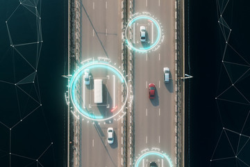 4k aerial view of self driving autopilot cars driving on a highway with technology tracking them, showing speed and who is controlling the car. Visual effects clip shot. - obrazy, fototapety, plakaty