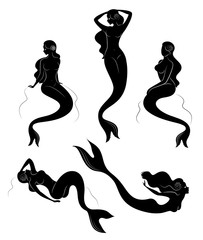 Fototapeta premium Collection. Silhouette of a mermaid. Girls bathe in a beautiful pose. The lady is young and slender. Fantastic image of a fairy tale. Set of vector illustrations
