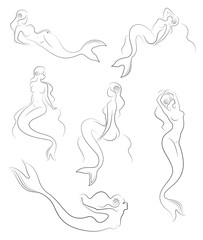Collection. Silhouette of a mermaid. Girls bathe in a beautiful pose. The lady is young and slender. Fantastic image of a fairy tale. Set of vector illustrations