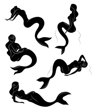 Collection. Silhouette of a mermaid. Girls bathe in a beautiful pose. The lady is young and slender. Fantastic image of a fairy tale. Set of vector illustrations