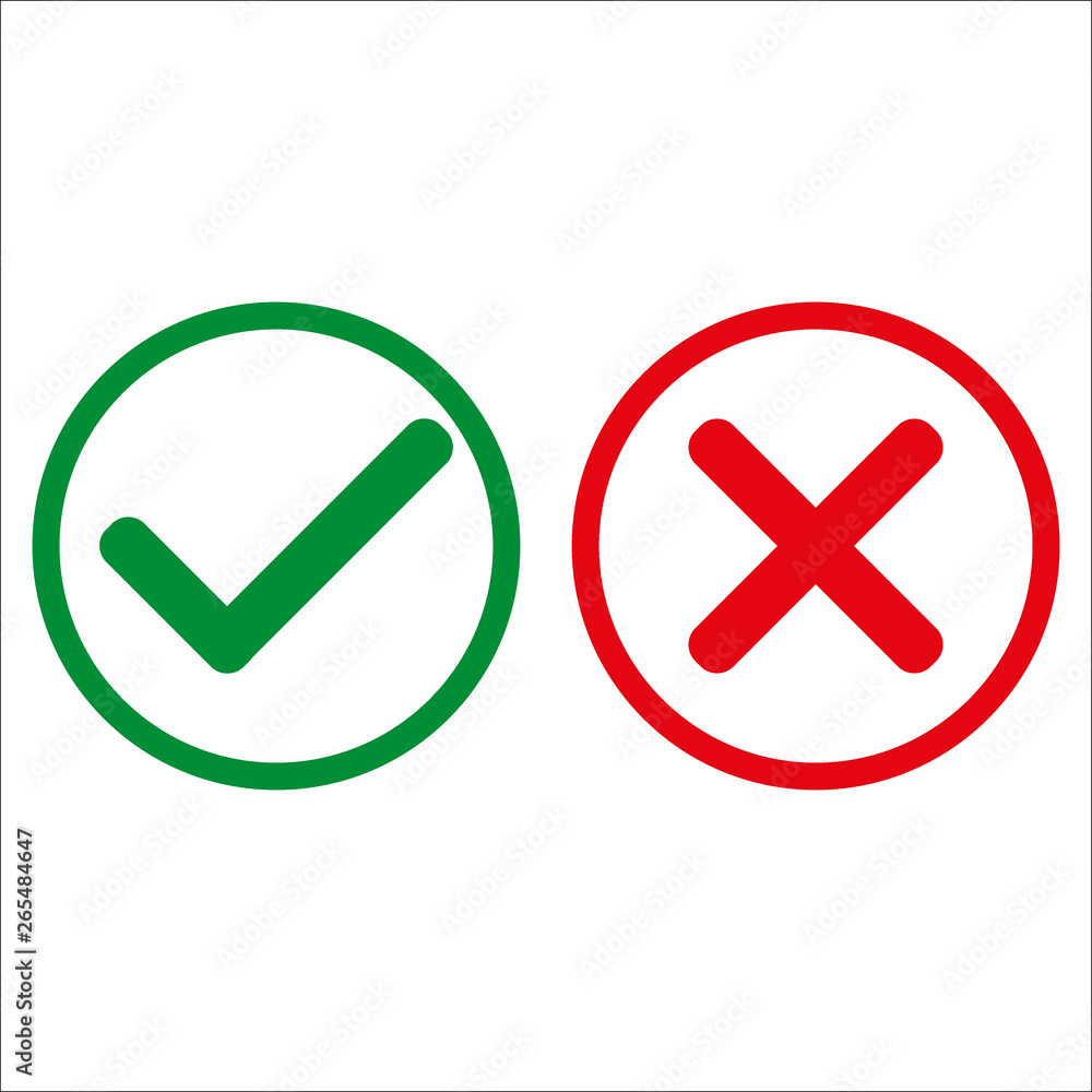 Poster check and wrong marks. vector illustration. green check mark and cross mark, in circle on white back