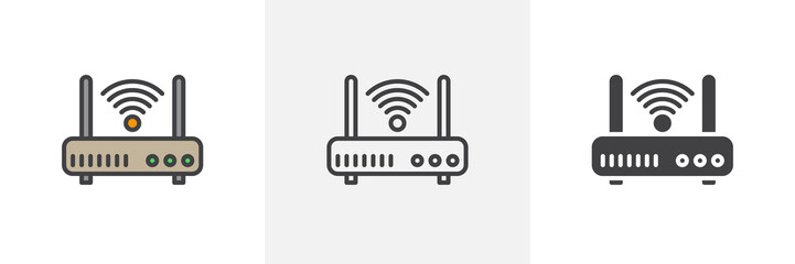 Wifi router icon. Line, glyph and filled outline colorful version, internet modem outline and filled vector sign. Symbol, logo illustration. Different style icons set. Vector graphics