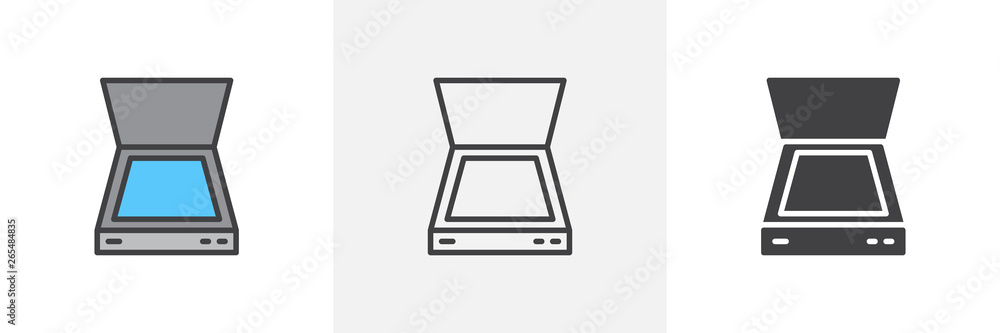 Poster document scanner icon. line, glyph and filled outline colorful version, open scanner outline and fil