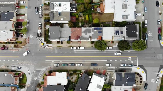 Top down aerial view of small crossroad in provincial town