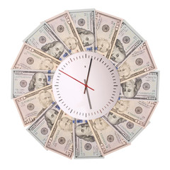 Concept of clock and dollar. Clock on mandala kaleidoscope from money. Abstract money background...