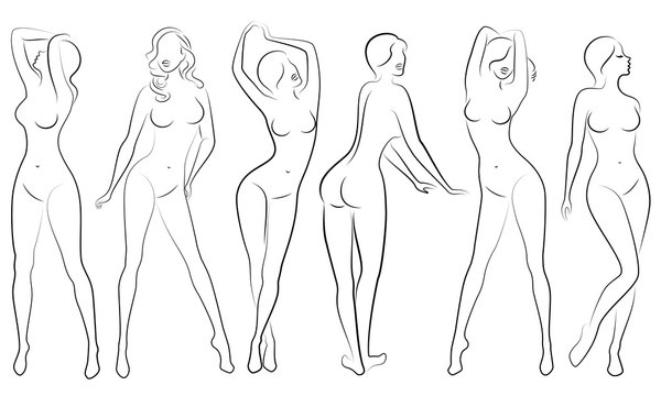 Collection. Silhouettes of lovely ladies. Beautiful girls stand in different poses. The figures of women are feminine, naked and slender. Set of vector illustrations.