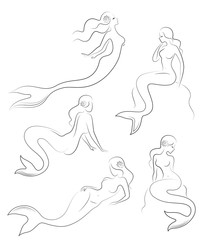 Collection. Silhouette of a mermaid. Girls bathe in a beautiful pose. The lady is young and slender. Fantastic image of a fairy tale. Set of vector illustrations