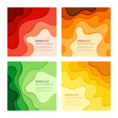 3d effect abstract background. Colorful cut out paper, set of 4 vector design templates.
