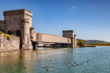 The railway bridge at Conwy, designed by William Fairbairn and built by Robert Stephenson, a...