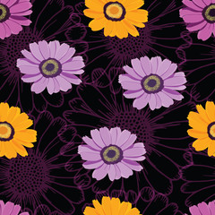 Fototapeta na wymiar Big vector daisies seamless pattern, dark background