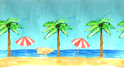 Fototapeta na wymiar the sea coast with a sandy beach and palm trees with umbrellas. watercolor illustration for design and decoration.