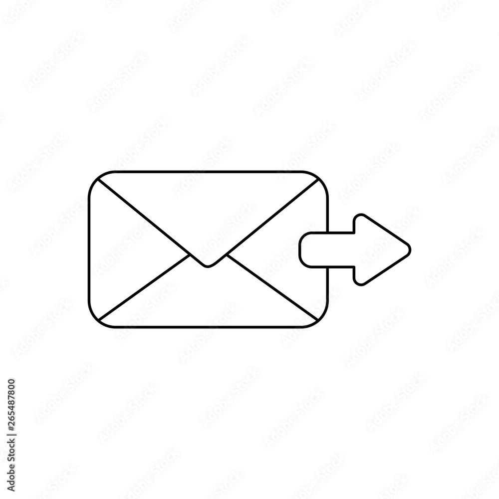 Aufkleber vector icon concept of send message or email with envelope and arrow moving right. black outline.