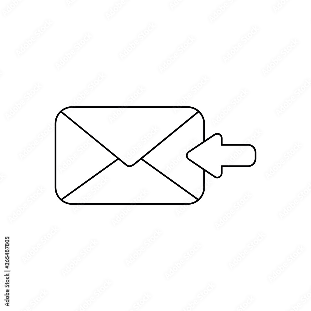 Poster vector icon concept of receive message or email with envelope and arrow moving left. black outline.