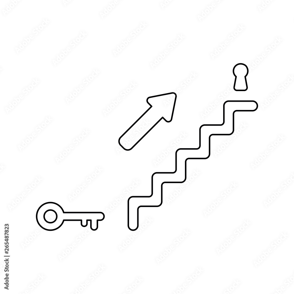 Poster vector icon concept of stairs with key and arrow showing keyhole. black outline.