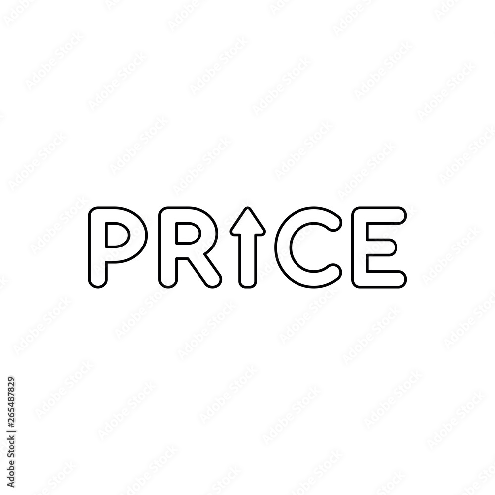 Poster vector icon concept of price word with arrow moving up. black outline.