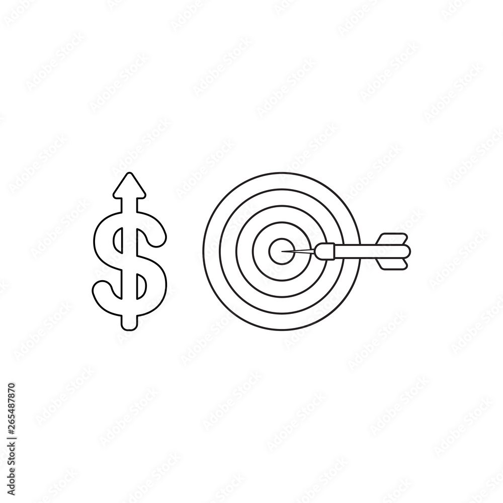 Poster vector icon concept of dollar symbol with arrow moving up and bulls eye with dart in the center. bla