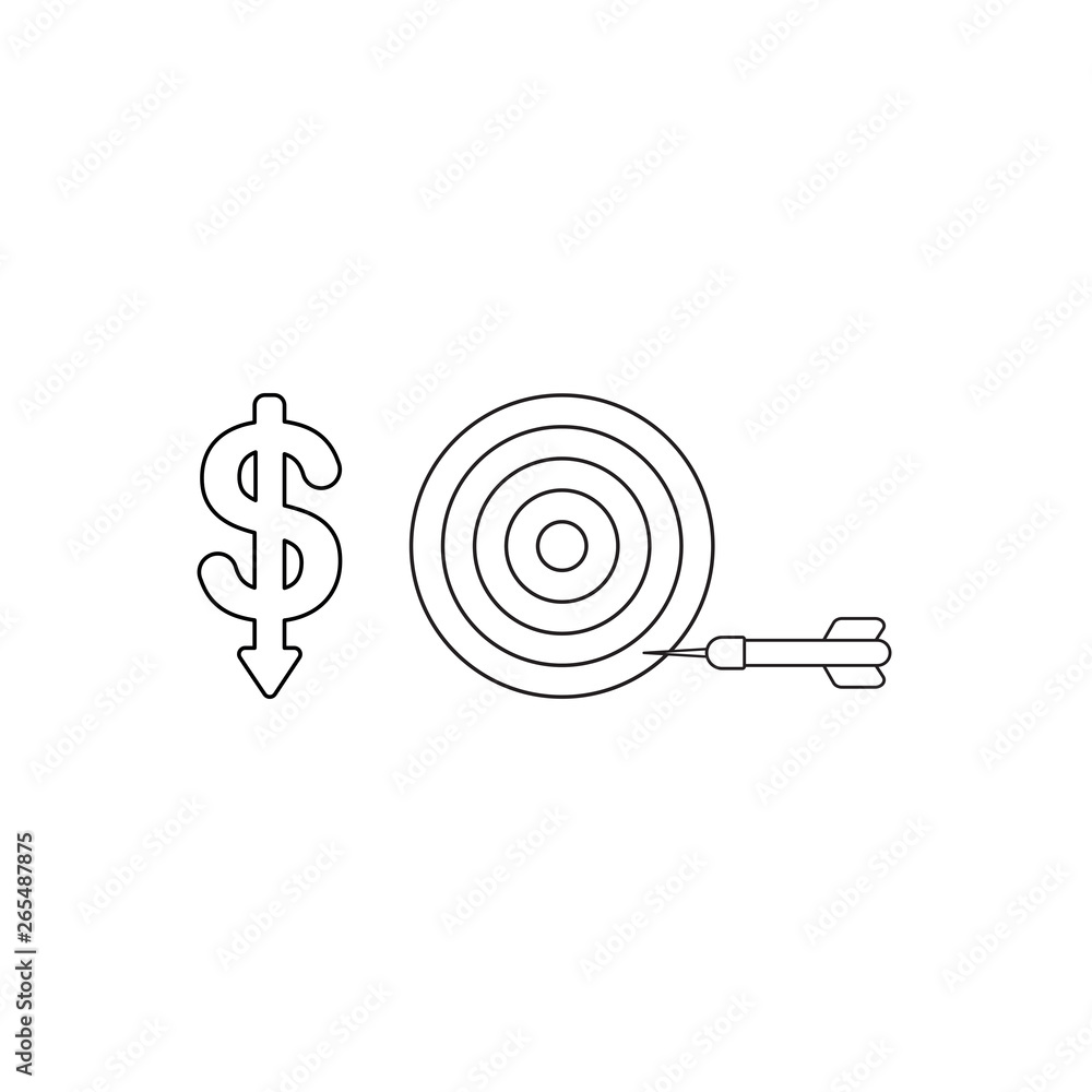 Poster vector icon concept of dollar symbol with arrow moving down and bulls eye with dart in the side. bla