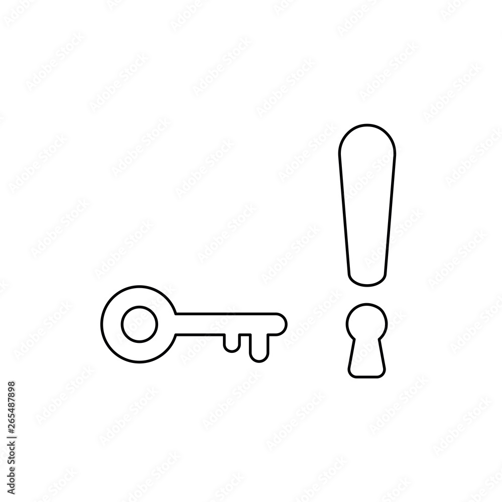 Poster vector icon concept of exclamation mark with keyhole and key. black outline.