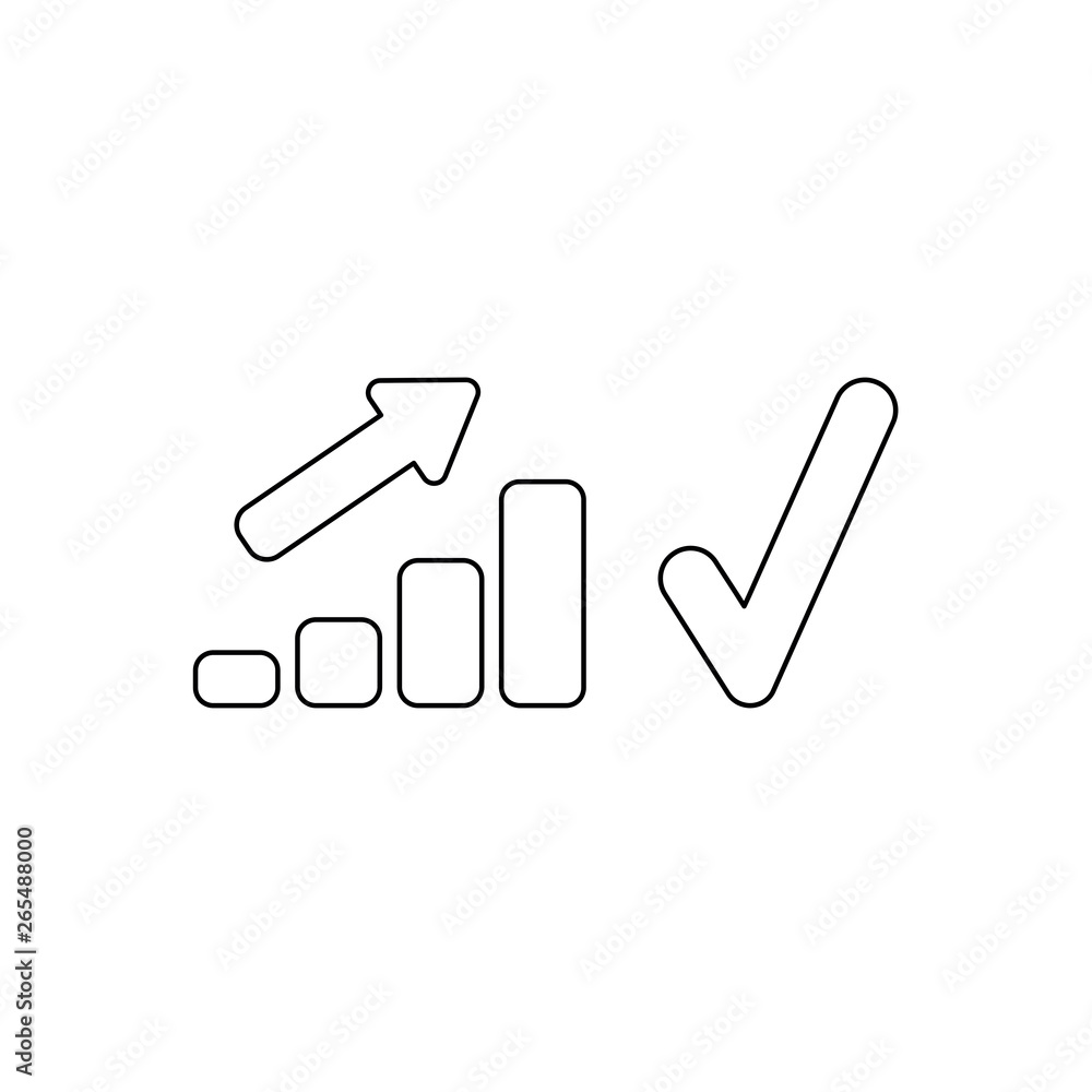 Aufkleber vector icon concept of sales bar chart moving up with green check mark. black outline.