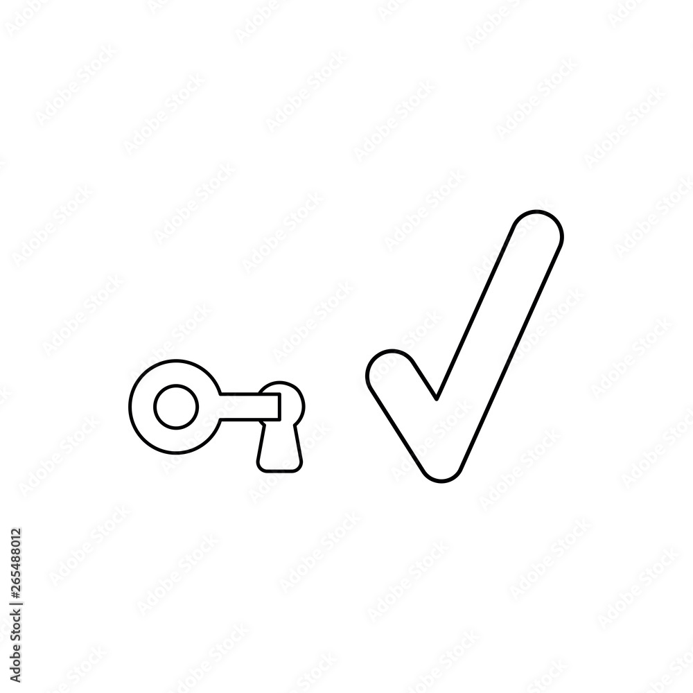 Aufkleber vector icon concept of key in keyhole with check mark. black outline.