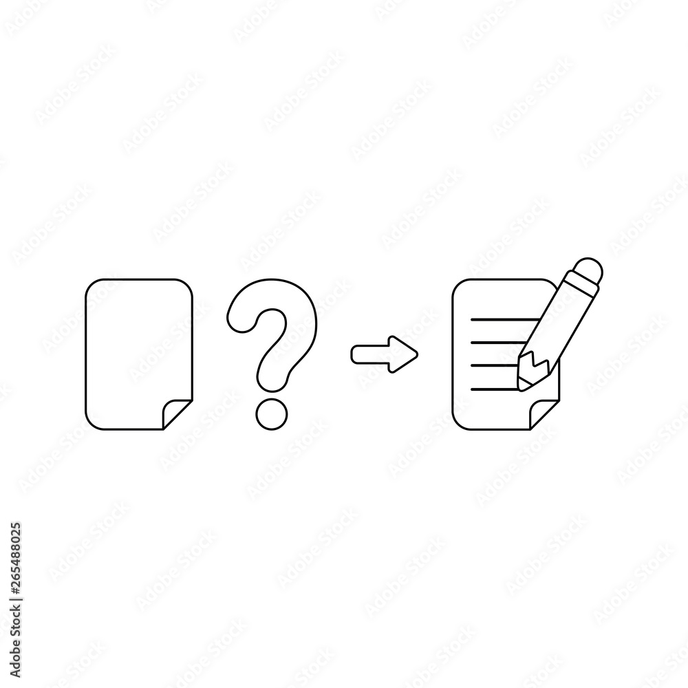 Poster vector icon concept of blank paper with question mark and writing on paper with pencil. black outlin