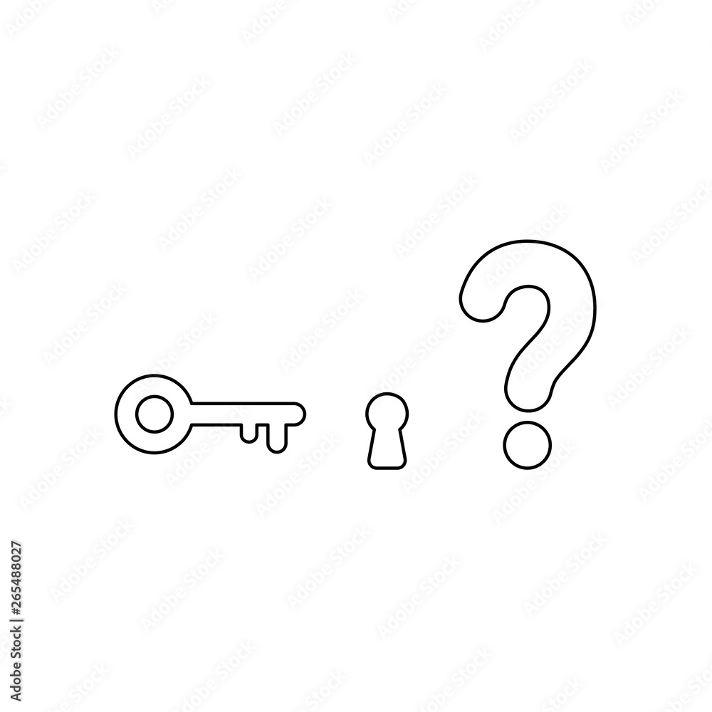 Poster vector icon concept of key and keyhole with question mark. black outline.