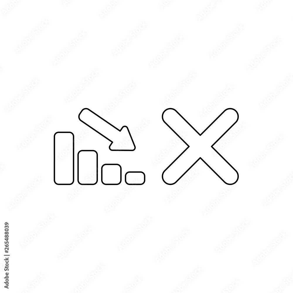 Poster vector icon concept of sales bar chart moving down with red x mark. black outline.